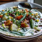 Creamy Amish Snow Day Soup with tender vegetables and a sprig of thyme, served with crusty bread.