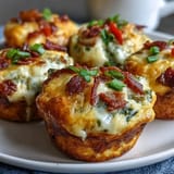 Golden-brown Breakfast Egg Muffins with melted cheddar, bacon, and bell peppers, fresh from the oven.