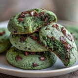 A plate of St. Patrick's Day Pistachio Pudding Cookies with green sprinkles and white chocolate chips.