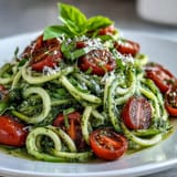 Light and flavorful zucchini noodle dish with homemade pesto, cherry tomatoes, and a sprinkle of Parmesan cheese.  
