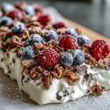 Vibrant frozen yogurt bark layered with sweet berries and crunchy granola, perfect for a refreshing summer snack.