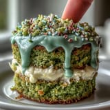 Fluffy green matcha layers, topped with vanilla frosting, perfect for a celebration.