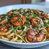 Garnished Shrimp Scampi Linguine with white wine sauce, ready to enjoy.