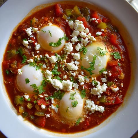 Fragrant Shakshuka, with runny yolks and a spicy tomato sauce, perfect for dipping crusty bread.