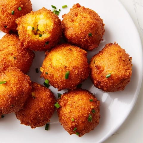 Golden, fried hushpuppies, crispy on the outside, ready to be served with dipping sauce.