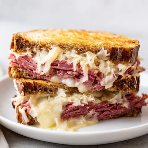 A generously layered Reuben sandwich, oozing melted cheese and tempting sauerkraut, ready to devour.