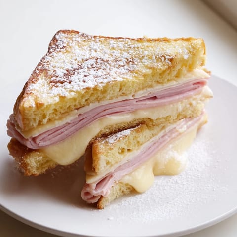 Melted Swiss cheese oozing from a freshly sliced Monte Cristo sandwich, a perfect American classic.