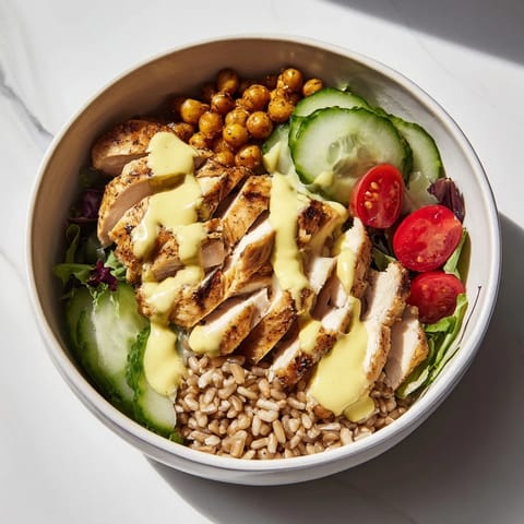 A wholesome Lemon Tahini Chicken Power Bowl with golden roasted chicken, hearty farro, fresh veggies, and creamy lemon-tahini sauce.