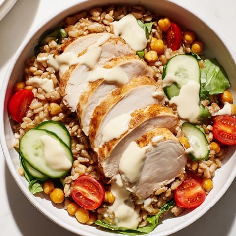 Colorful Lemon Tahini Chicken Power Bowl featuring sliced roasted chicken, fluffy farro, crisp greens, chickpeas, and a zesty drizzle.