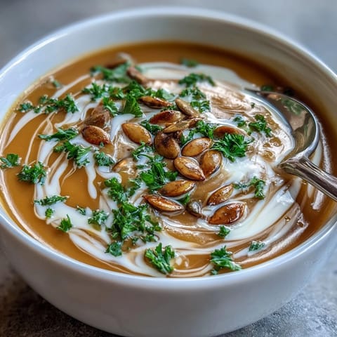 Golden butternut squash and apple soup, elegantly seasoned, perfect for a cozy meal.