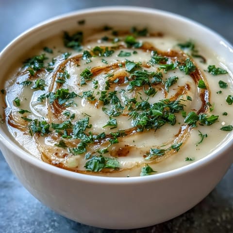 Hearty roasted parsnip and herb soup garnished with dill, served alongside crusty bread for dipping.