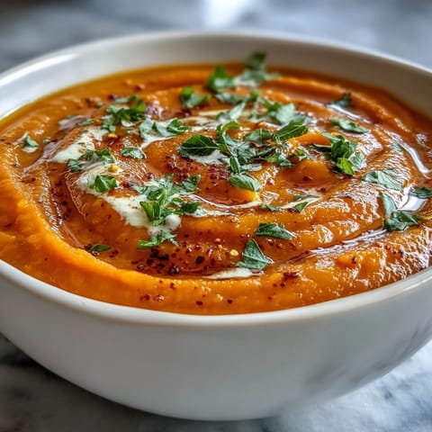 A spoon dips into silky smooth Carrot Ginger Soup, with visible flecks of grated ginger and chopped herbs.  
