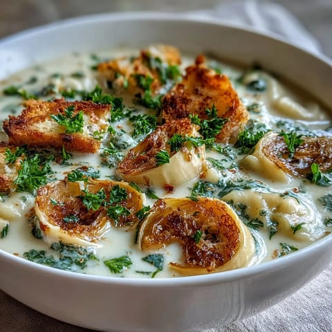 A bowl of creamy roasted garlic soup garnished with fresh parsley and croutons, steam rising from the velvety texture.