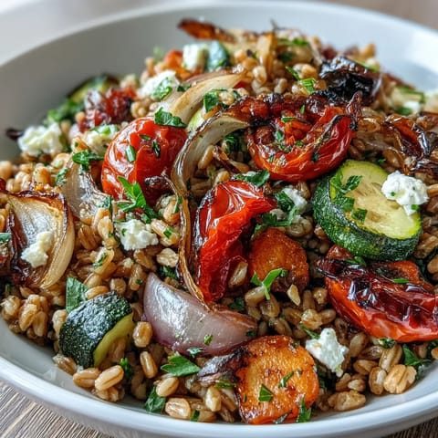 Hearty farro with roasted vegetables, colorful and tender, perfect for a healthy meal.