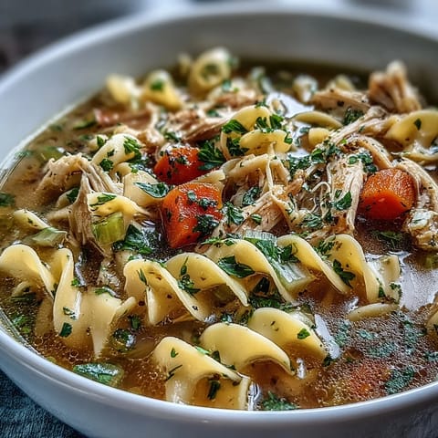 Hearty Instant Pot Chicken Noodle Soup served fresh with parsley garnish and golden carrots.