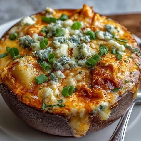 Creamy Crock Pot Buffalo Chicken Dip Soup topped with green onions and blue cheese.