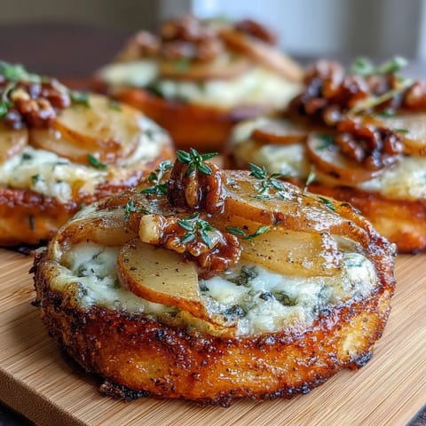 Close-up of baked Pear, Gorgonzola, and Pickled Walnut Pizzettes on a wooden board, topped with fresh thyme and arugula.
