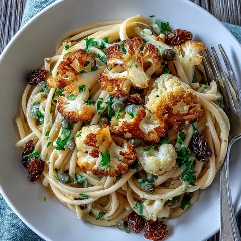 Heaping bowl of Cauliflower, Anchovy and Raisin Spaghetti garnished with fresh parsley, lemon zest, and a drizzle of olive oil.