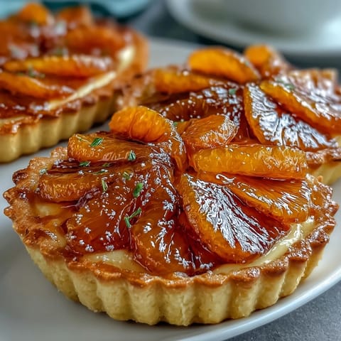Six glossy Blood Orange Tarts with vibrant crimson fruit slices on a wooden board.