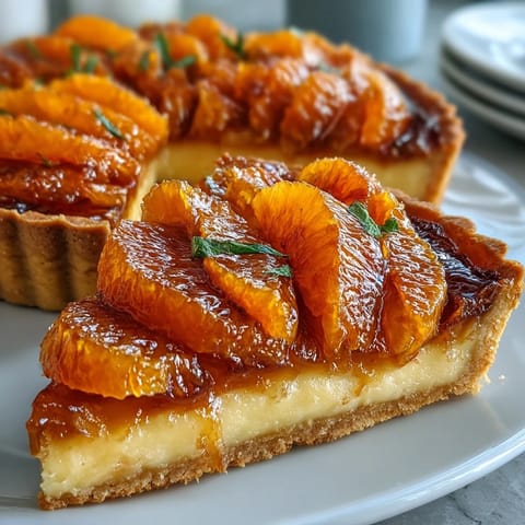 Six glistening Blood Orange Tarts are arranged on a rustic table next to sliced fruit.