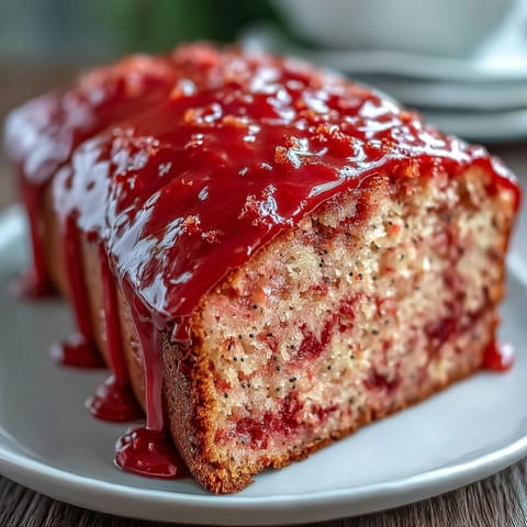 Glazed Blood Orange Loaf Cake with Poppy Seeds and Marzipan topped with marzipan shavings and drizzle on a marble board.