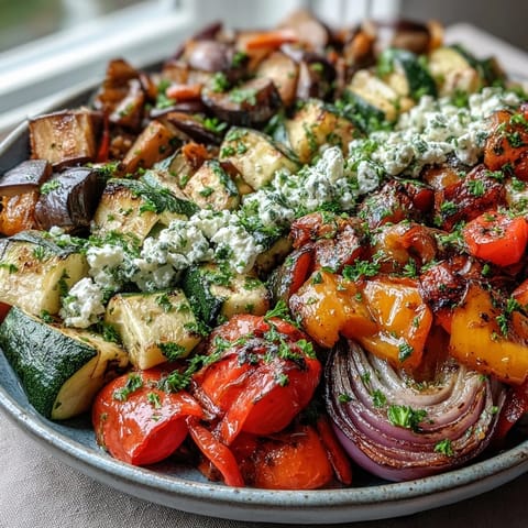 Golden brown roasted Mediterranean Greek vegetables sizzling on a baking sheet with fresh garlic and cherry tomatoes. 