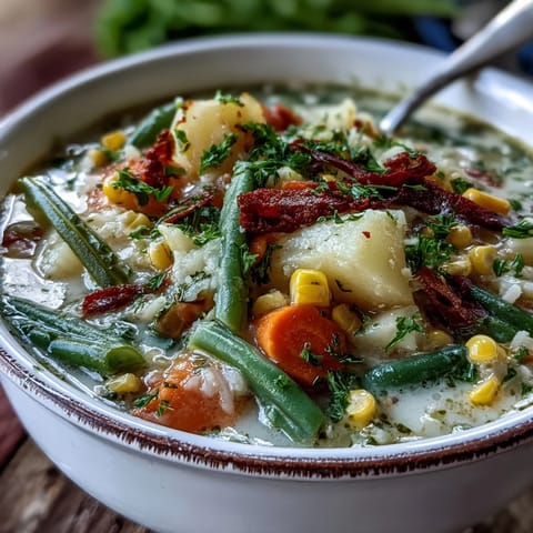 A close-up of Amish Snow Day Soup in a rustic bowl, garnished with fresh parsley.