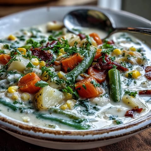 Creamy Amish Snow Day Soup with tender vegetables and a sprig of thyme, served with crusty bread.