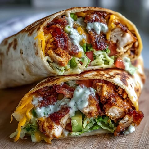 Golden-brown Crispy Chicken Bacon Wrap with melted cheddar, bacon, avocado, and lettuce on a toasted tortilla.