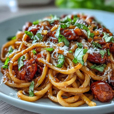 Steaming Italian Drunken Noodles tossed with spicy sausage, cherry tomatoes, and fresh basil in a rich wine sauce.