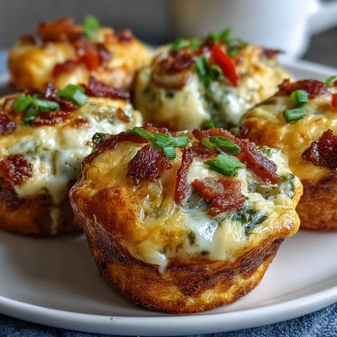 Golden-brown Breakfast Egg Muffins with melted cheddar, bacon, and bell peppers, fresh from the oven.