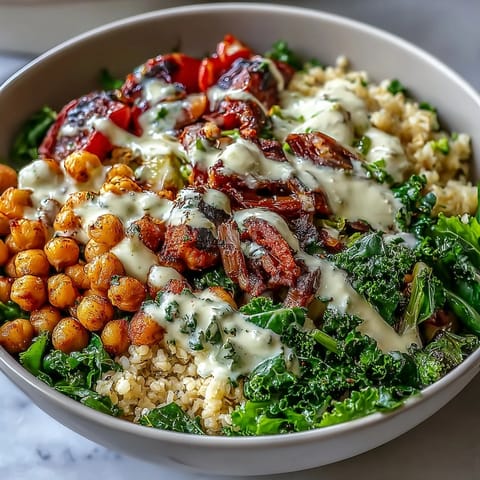 Vibrant Mediterranean Buddha Bowl Meal Prep with golden roasted eggplant, tender kale, crisp sweet peppers, and creamy tahini dressing for a healthy lunch.
