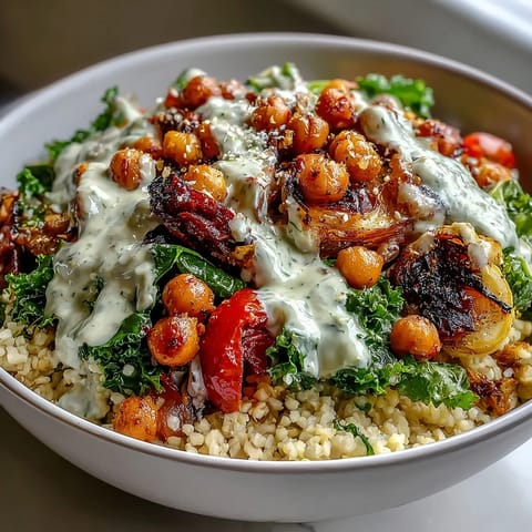 Fork-tender bulgur pilaf with pistachios topped with roasted zucchini, chickpeas, and drizzled tahini dressing, arranged in glass meal prep containers.