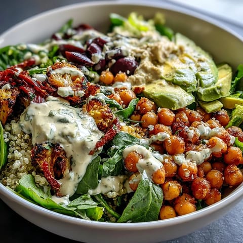 Vibrant vegan Mediterranean Buddha bowl with roasted vegetables, creamy avocado, and tangy olives served over mixed greens.