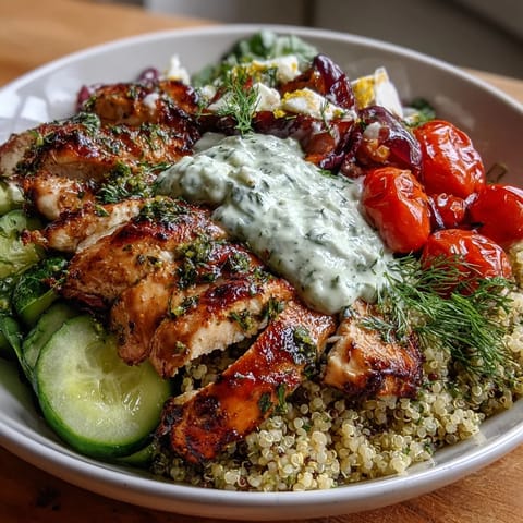 Greek chicken power bowl with lemon herb chicken, quinoa, cucumber, and cherry tomatoes topped with creamy tzatziki sauce.  