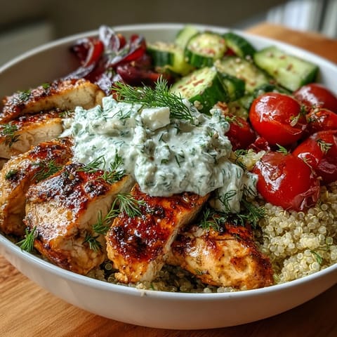 Vibrant Greek chicken power bowl featuring grilled lemon herb chicken over fluffy quinoa with fresh cucumber, tomatoes, and tangy tzatziki.  