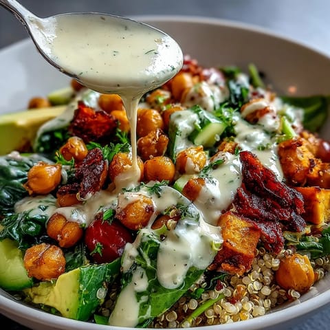 Colorful Buddha Bowl with quinoa, roasted sweet potatoes, crispy chickpeas, and fresh veggies drizzled with creamy garlic tahini dressing.  