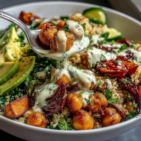 Wholesome Buddha Bowl featuring fluffy quinoa, golden roasted sweet potatoes, crunchy chickpeas, and crisp vegetables topped with rich garlic tahini sauce.  