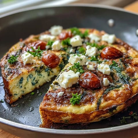 Healthy Easy Spring Veggie Frittata with fresh asparagus, spinach, and cherry tomatoes, baked golden and topped with herbs and feta.