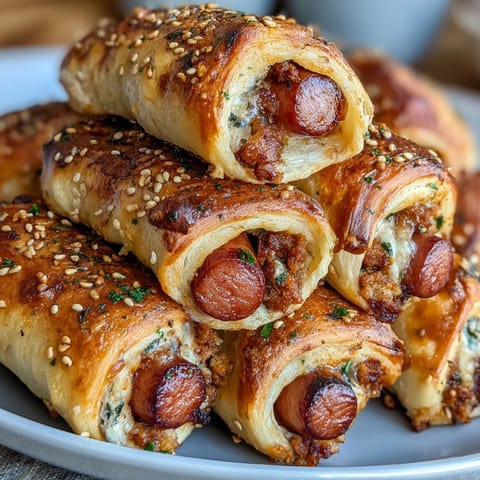 Golden crescent roll dough wraps mini beef hot dogs for bite-sized baseball-themed snacks, perfect for parties.