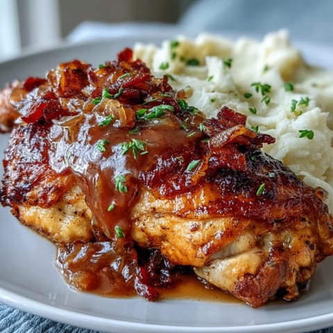 Soul Food Smothered Chicken with Onion Gravy in a skillet, golden chicken pieces nestled in rich, savory onion gravy.