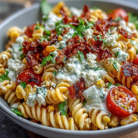 Creamy Elote Pasta Salad with Cotija, Chili and Lime, featuring sweet charred corn and zesty lime dressing in a colorful bowl.