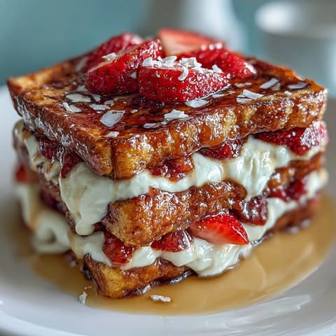Spring Brunch Strawberry French Toast Bake with golden custard and fresh strawberries, baked until bubbly and topped with crunchy almonds.
