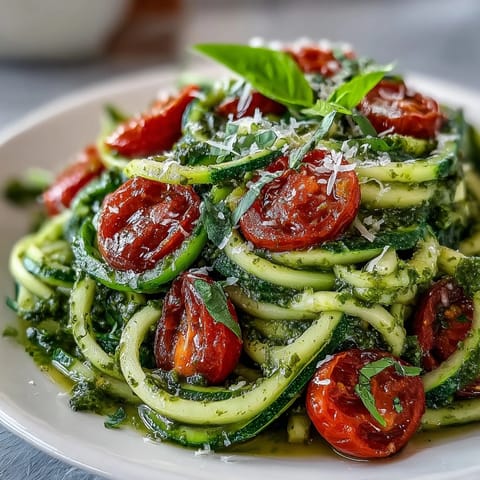Fresh zucchini noodles tossed with basil pesto and juicy cherry tomatoes, a vibrant and healthy summer meal.  