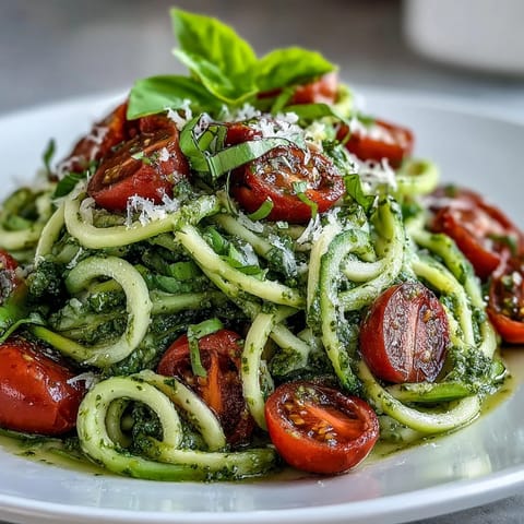 Light and flavorful zucchini noodle dish with homemade pesto, cherry tomatoes, and a sprinkle of Parmesan cheese.  