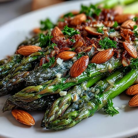 Bright asparagus spears glisten in lemon butter sauce, topped with golden toasted almonds for a vibrant spring side dish.