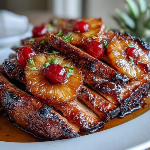 Golden honey glazed ham studded with pineapple rings and cherries, a festive centerpiece for holiday feasts.  