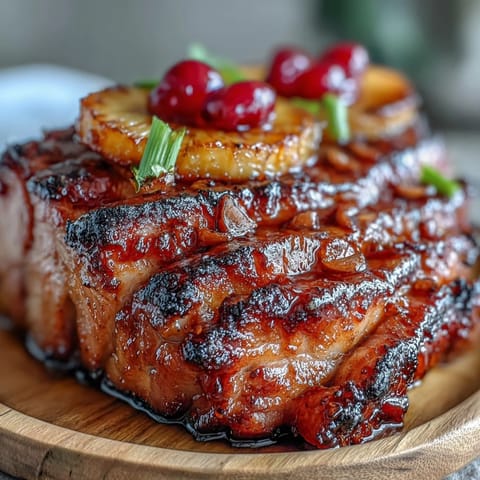 Juicy ham glazed in honey and mustard, adorned with caramelized pineapple slices and maraschino cherries for a classic Easter dinner.  