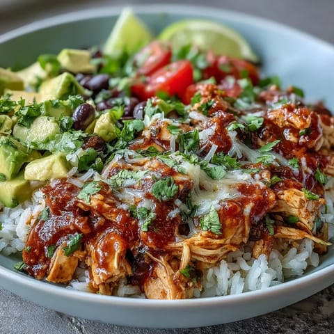 Vibrant salsa chicken bowls with shredded chicken, black beans, and fresh avocado over rice, topped with cilantro and lime.