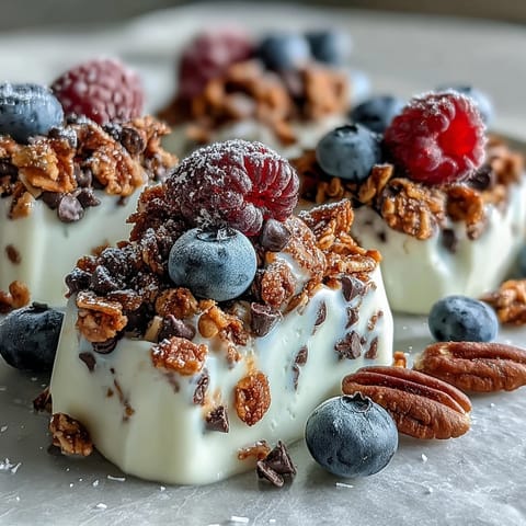 Frozen Yogurt Bark with Berries and Granola: a colorful, healthy treat with creamy yogurt, juicy berries, and crunchy granola.